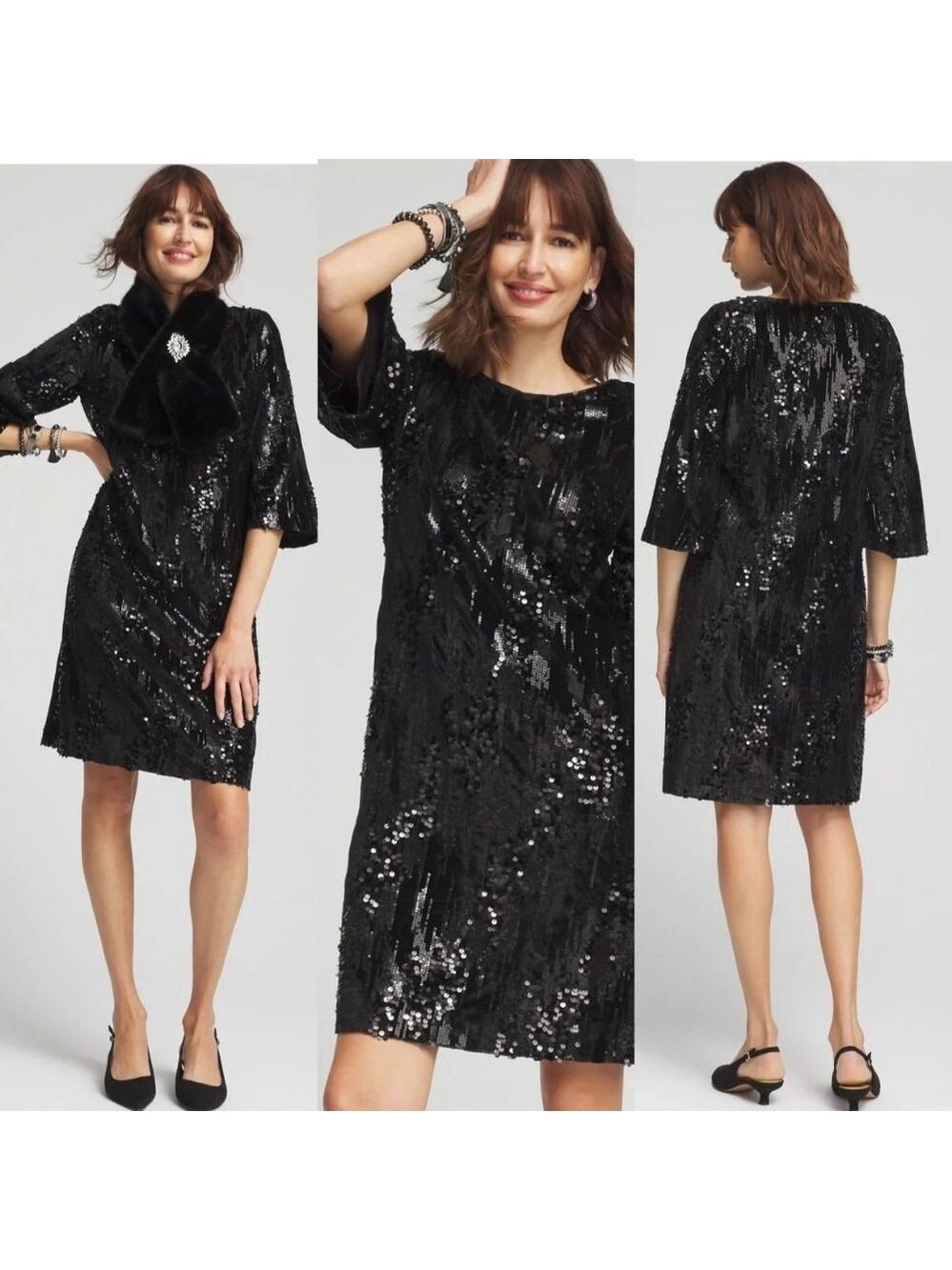 NWT Chico's Black Sequin Bell-Sleeve Dress